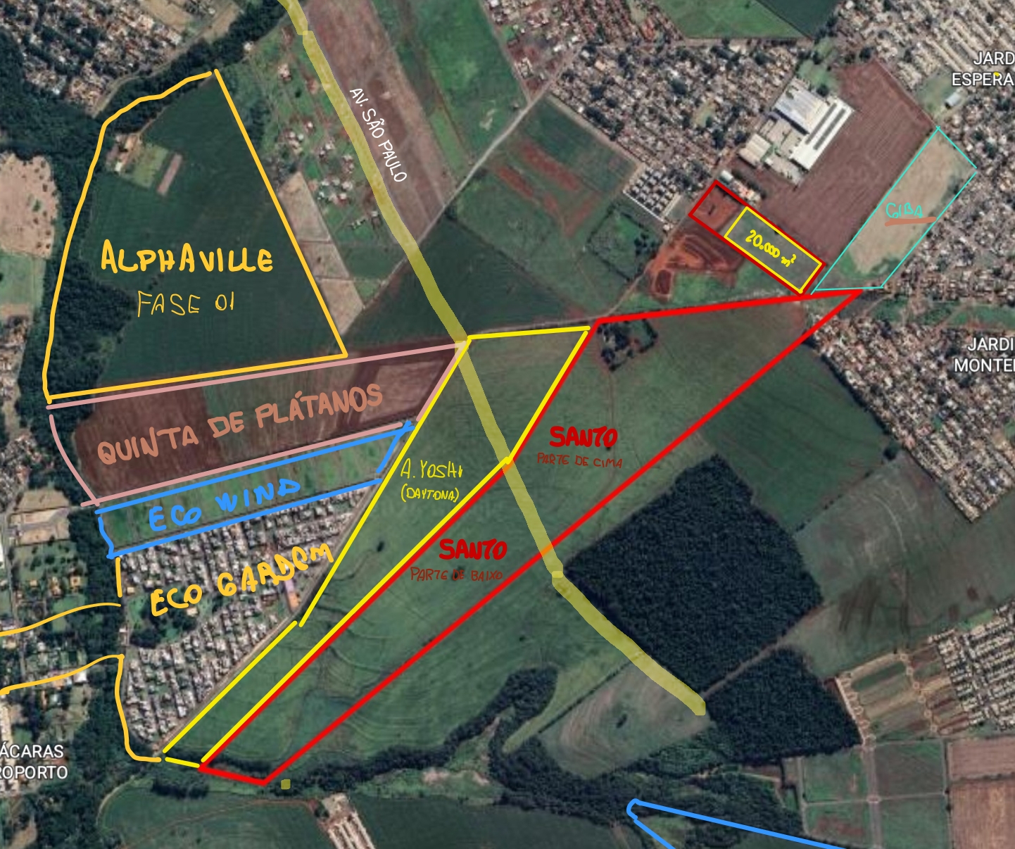 Mapa com os polígonos do Sítio Bom Jesus, áreas vizinhas e a Avenida São Paulo